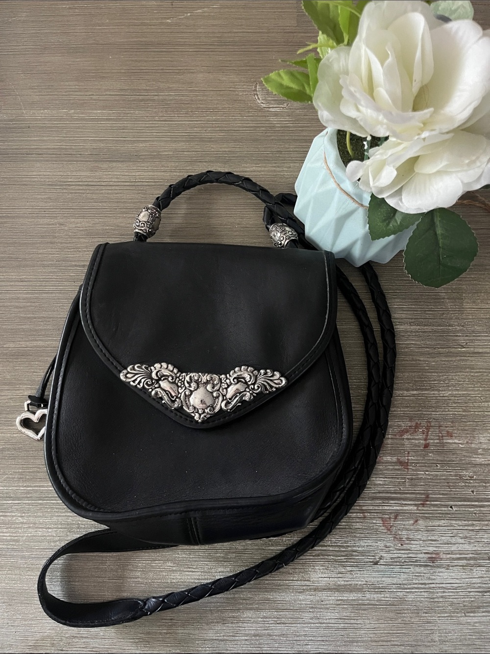 Black Leather Crossbody Bag with Silver Accent